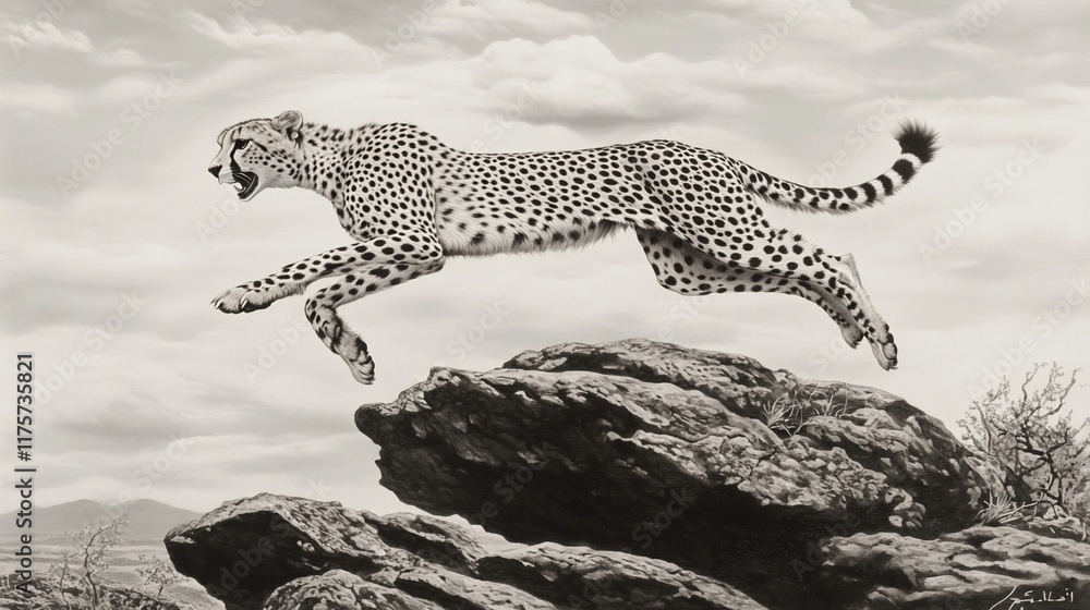 Poster a dynamic depiction of a leaping cheetah captured in monochrome against a scenic backdrop.