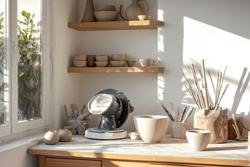 small pottery studio with modern pottery wheel clay tools neatly arranged and natural light streaming in