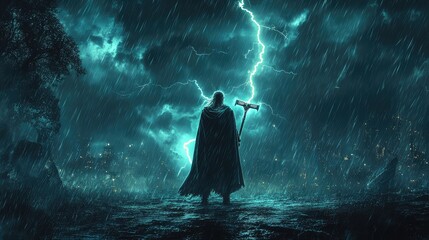 Thor standing in the rain, holding Mjolnir aloft as lightning strikes across the sky, casting a divine glow around him