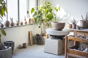 small pottery studio with modern pottery wheel clay tools neatly arranged and natural light streaming in