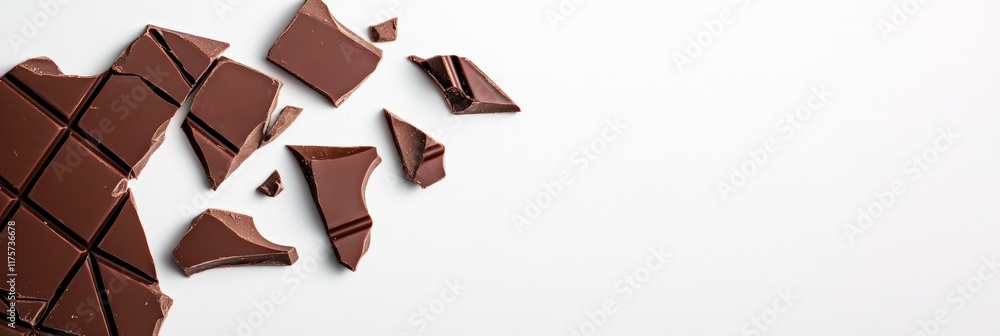 Poster pieces of a milk chocolate bar are breaking apart and levitating on a clean white background, creati