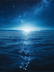Celestial Sea at Night: A breathtaking view of a tranquil ocean under a mesmerizing night sky, adorned with countless stars and the luminous Milky Way. The scene evokes a sense of serenity and wonder.