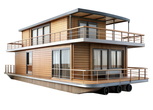 Contemporary two-story houseboat with modern design and spacious outdoor areas for relaxation and entertainment on water. Cut out