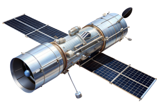 High-resolution transparent cutout of a space telescope showcasing intricate design and solar panels in a vivid layout. Cut out