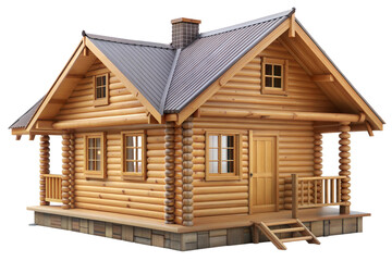 Rustic wooden log cabin with a chimney and porch on a clear day. Cut out