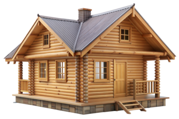 Rustic wooden log cabin with a chimney and porch on a clear day. Cut out