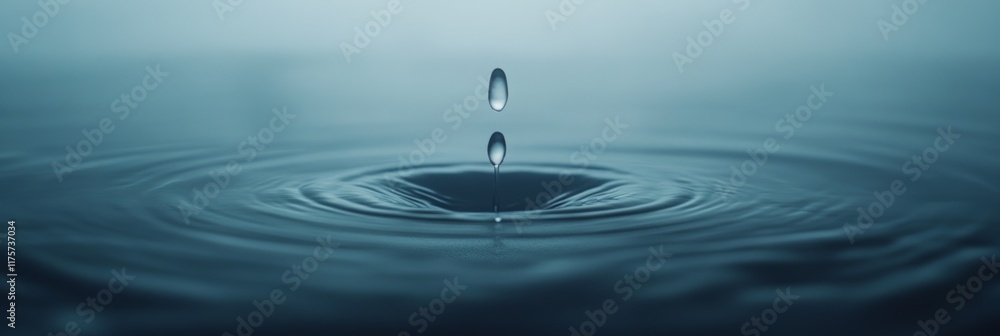 Poster single drop of pure water falling into a calm pool, creating ripples and a small splash, with anothe