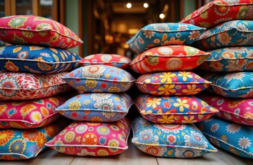 Colorful decorative pillows displayed in stacks at souvenir shop. Bright patterns, vibrant colors on pillows. Traditional style items. Souvenir shop at noisy market. Likely located in Dubai, United