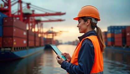 Female engineer in orange jacket, safety helmet manages cargo shipment at port terminal. Uses tablet for logistics operation. Harbor scene shows containers, cranes. International trade in progress.