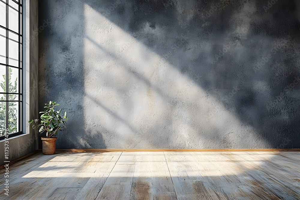 Aufkleber stock photo features a minimalist background with an empty gray wall and a wooden beige floor, creat