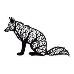 Cute silhouette fox branches black vector illustration
