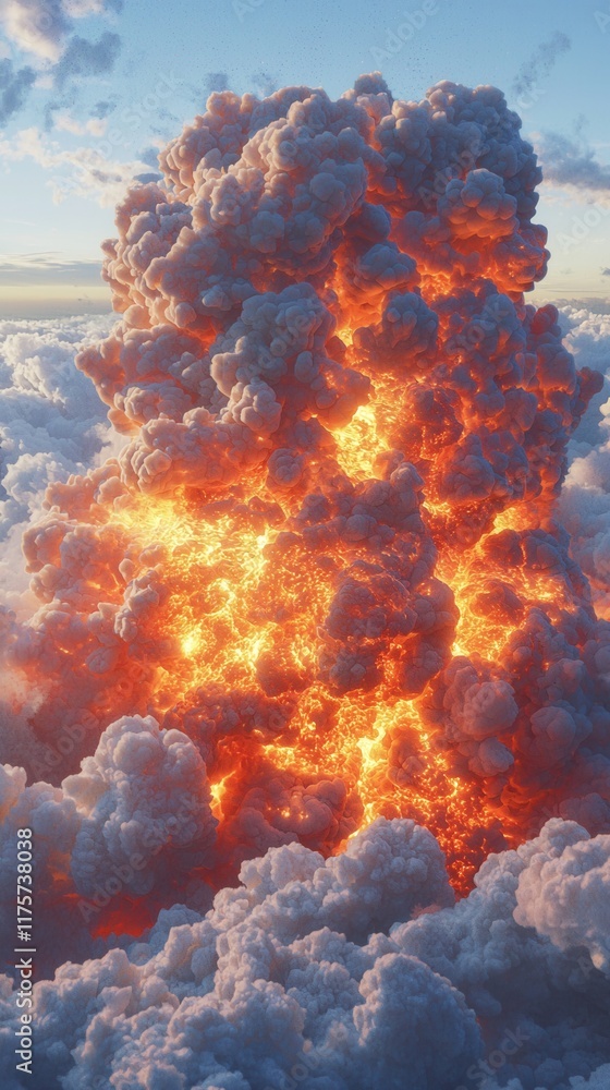 Poster skyward explosion of lava clouds overhead hyperrealistic visuals atmospheric environment vivid persp