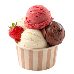 strawberry vanilla chocolate ice-cream scoops isolated on transparent background Generative Ai.