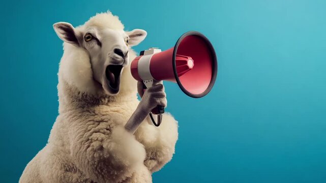 A sheep enthusiastically speaks and shouts into a megaphone, conveying a playful message in a studio with a blue background