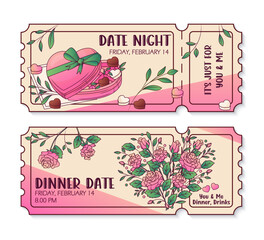 Invitation for date in tickets. Vector illustration of box of chocolates, bouquet of roses. Template for romantic design of card, poster, banner, decoration of Valentine's Day, Mother's Day.