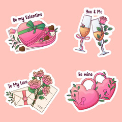 Vector set of stickers of romantic compositions. Illustration of box of chocolate, bouquet of roses, champagne glass, heart locks. Date, couple, Valentine's Day concept.
