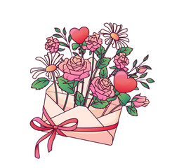 Vector illustration of envelope with rose flowers and leaves. Perfect for flower shop decoration, cards, invitations, banners. For Valentine's Day, Mother's day. Spring