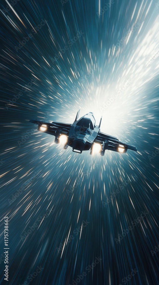 Poster spaceship journey through a bright galactic tunnel space digital art sci-fi dynamic perspective futu