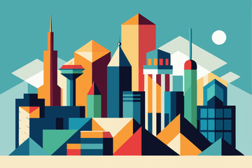 This artwork features colorful geometric representation of a dynamic city skyline under a bright sky, Abstract interpretation of a city skyline with geometric shapes