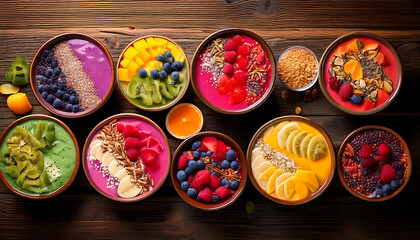 Fototapeta premium Vibrant smoothie bowls arranged on rustic wood. Perfect for healthy eating, breakfast, or wellness content. High-quality image showcasing diverse fruits toppings. Ideal for blogs, magazines, or