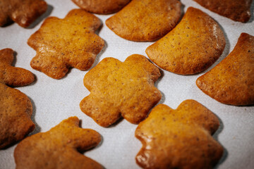 A close-up of freshly baked, flaky gingerbread cookies arranged on a white surface. The warm tones highlight their golden brown texture.
