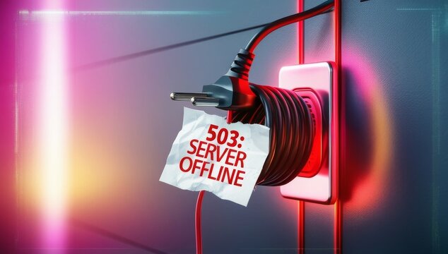 503 Error. Frayed power cable plugged into an outlet with a paper note 503 Error Server Offline. Server outages, IT issues, or power failures