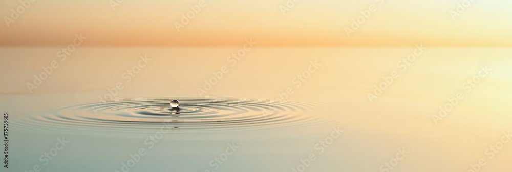 Poster Capturing a single water drop falling onto a calm lake surface, creating gentle ripples while warm sunset colors reflect beautifully in the tranquil water