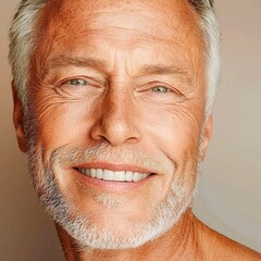 Obraz premium Senior man smiling with glowing skin indoor portrait bright environment positive mood