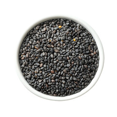 Top view of black sesame seeds in a transparent bowl isolated on a clean background, Top view of black sesame seeds in transparent bowl isolated on transparent background