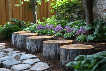 Garden Pathway With Tree Stump Seats And Purple Flowers