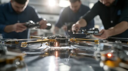 Engineers Testing and Inspecting a Drone Prototype in a Modern Tech Lab
