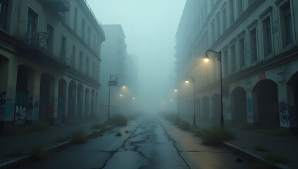Desolate City: Fog's Embrace on Forgotten Streets