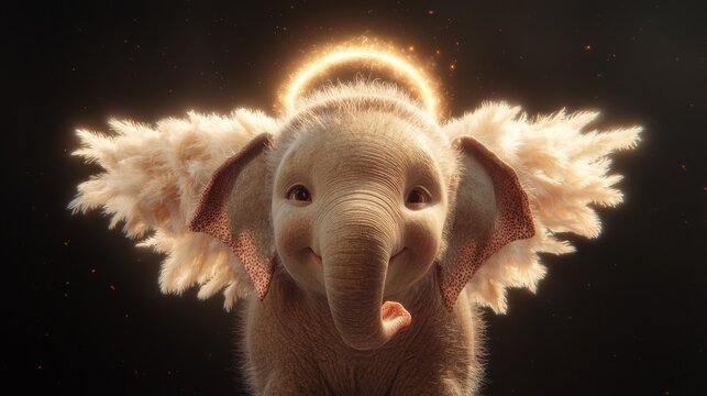 Whimsical elephant encounter fantasy realm digital artwork ethereal atmosphere close-up joyful concept