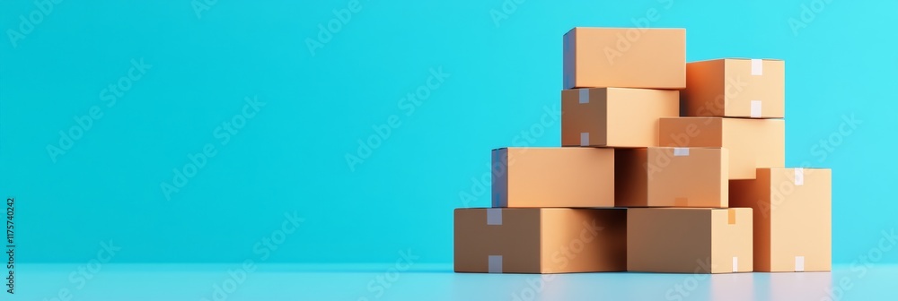 Aufkleber Stacking closed cardboard boxes of various sizes on a turquoise floor with a matching background, creating a visually appealing composition for shipping and logistics concepts