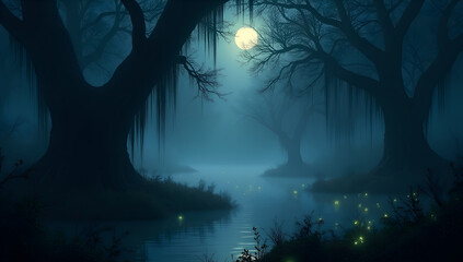 Fototapeta premium Enigmatic Swamp Under a Moonlit Veil
