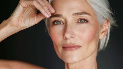 Obraz premium Senior woman with luminous skin embracing natural beauty in a studio setting portrait soft lighting empowerment