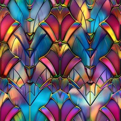 Captivating Vibrant Rainbow Lizard Scales Overlaid with Mesmerizing Art Deco Geometric Patterns and Shimmering Metallic Accents in a Cinematic