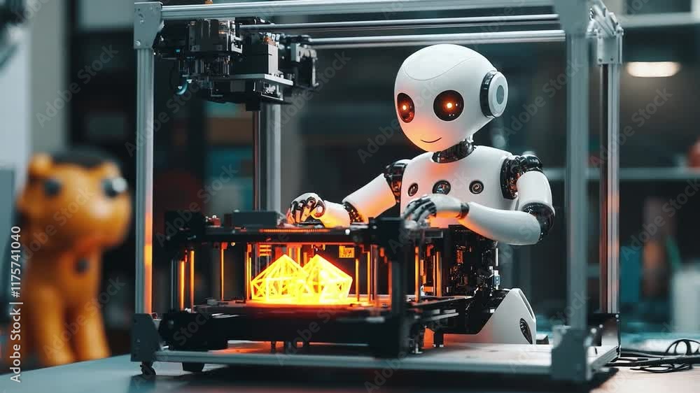 Poster a small robot meticulously crafts glowing geometric shapes via 3d printer in a modern workshop fille