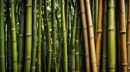 Lush green and brown bamboo stalks densely packed together.