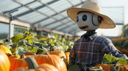 A robot farmer actively assists in a greenhouse filled with bright orange pumpkins, showcasing modern agricultural technology in action