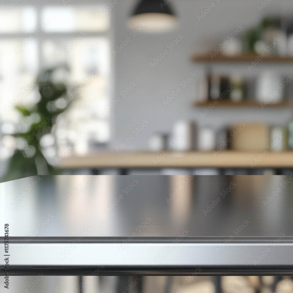 Aufkleber steel table top with blurred empty kitchen background can be used for mocking up or display product 