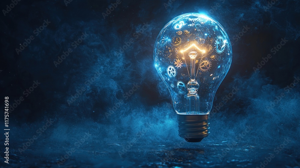 Poster illuminating innovation: a glowing light bulb filled with intricate gears symbolizing ingenious idea