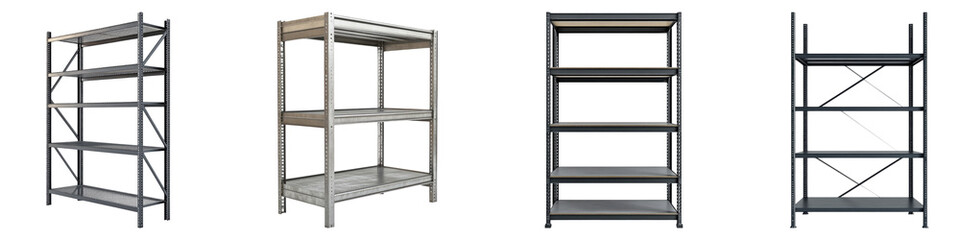 Metal storage rack isolated on transparent background, Set of