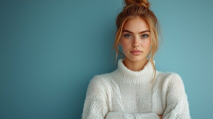 Obraz premium Portrait of a Young Woman with Red Hair in a White Sweater Against a Teal Background