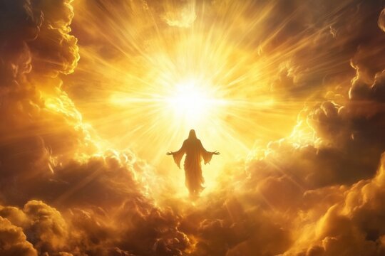 Silhouette of a Jesus Christ walking towards a radiant light amidst dramatic clouds