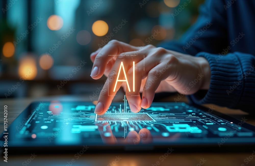 Poster person interacts with glowing ai symbol on futuristic tablet display. person uses fingertips to touc