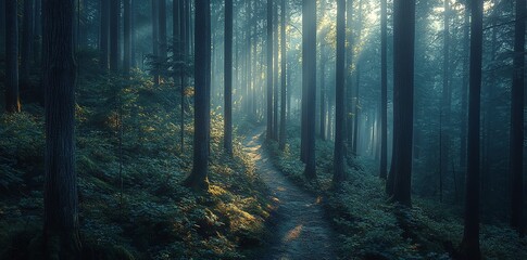 Naklejka premium Sunlit Forest Path: Mystical Morning in a Verdant Wood