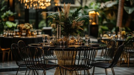 Elegant tropical wedding reception table setting with black chairs, gold base, pampas grass centerpiece, and candlelight.