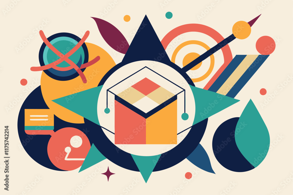 Poster colorful abstract shapes and lines come together to form a unique interpretive symbol, abstract shap