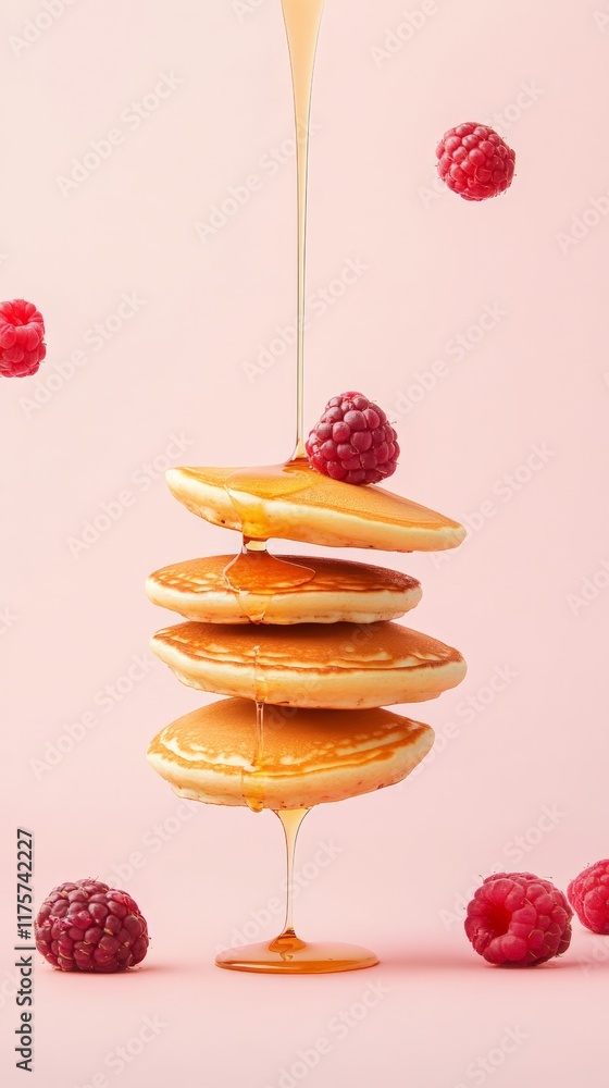 Poster stacking four delicious pancakes drizzled with syrup and surrounded by levitating fresh raspberries 